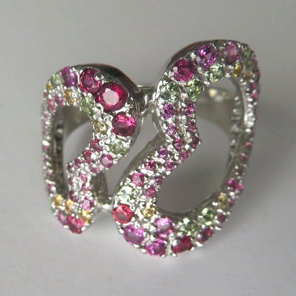 Double Heart Rhodolite Garnet Peridot Gemstone 925 Sterling Silver Ring Size 9 - Picture 3 of 15